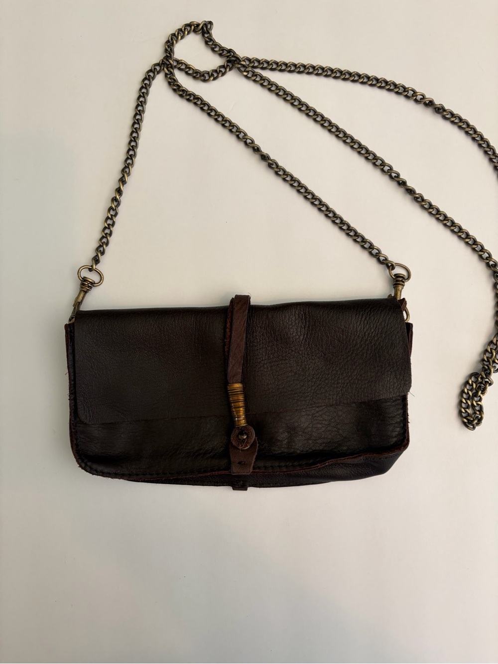 JO Handbags Brown Leather Crossbody Clutch Bag Brass Wire Wrapped Clasp Boho